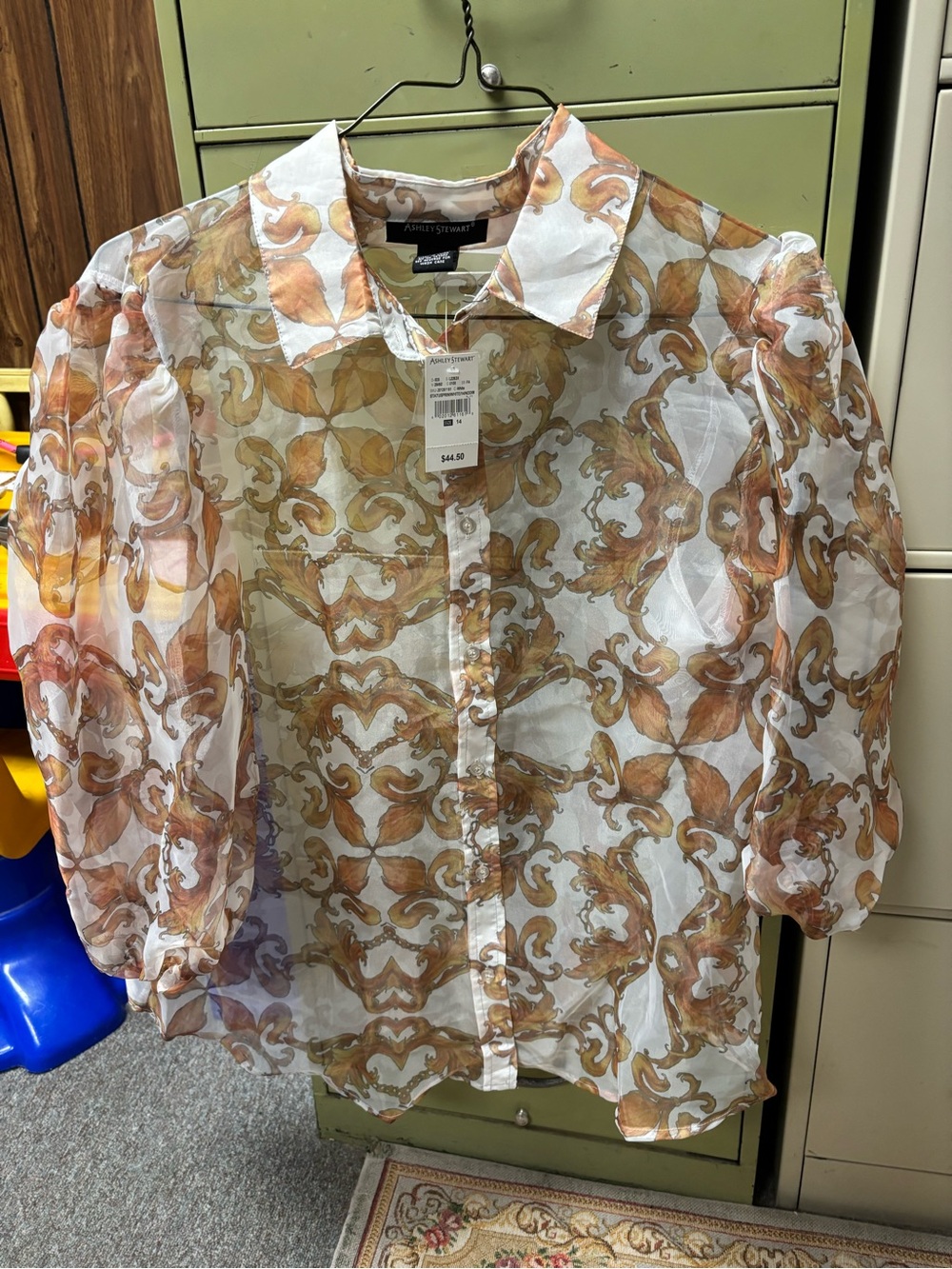 Ashley Stewart Sheer Button-Up Blouse — White with Gold-Tan Print